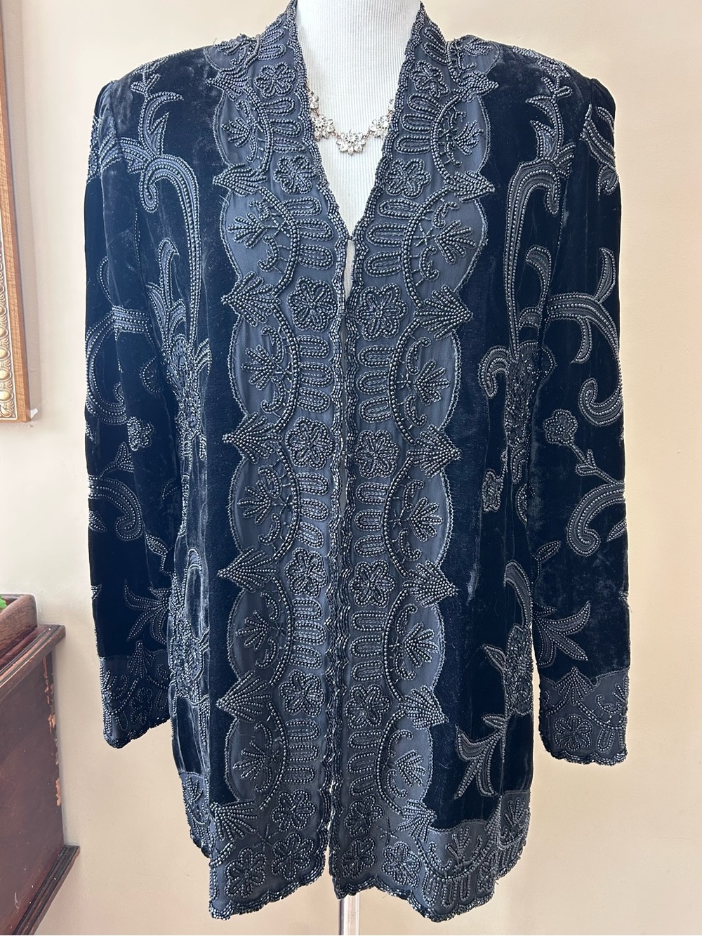 Vintage Oleg Cassini Black Tie Beaded Silk Velvet Formal Blazer Jacket Size L - Picture 3 of 10